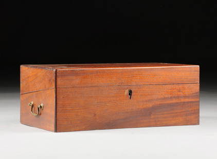 A VICTORIAN MAHOGANY TRAVELING LAP DESK,: A VICTORIAN MAHOGANY TRAVELING LAP DESK, of rectangular form with hinged lid opening to a cloth lined interior, with various compartments for writing materials. Height: 7 1/2" Width: 19" 