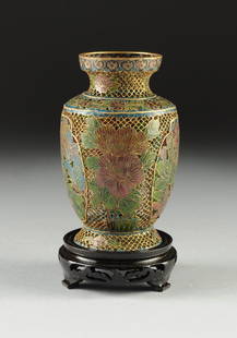 A CHINESE PLIQUE-À-JOUR VASE, MODERN,: A CHINESE PLIQUE-À-JOUR VASE, MODERN, of vasiform with reticulated sides enclosing shaped panels of butterflies amongst auspicious blossoms in polychrome colors alternating floral stems beneath a