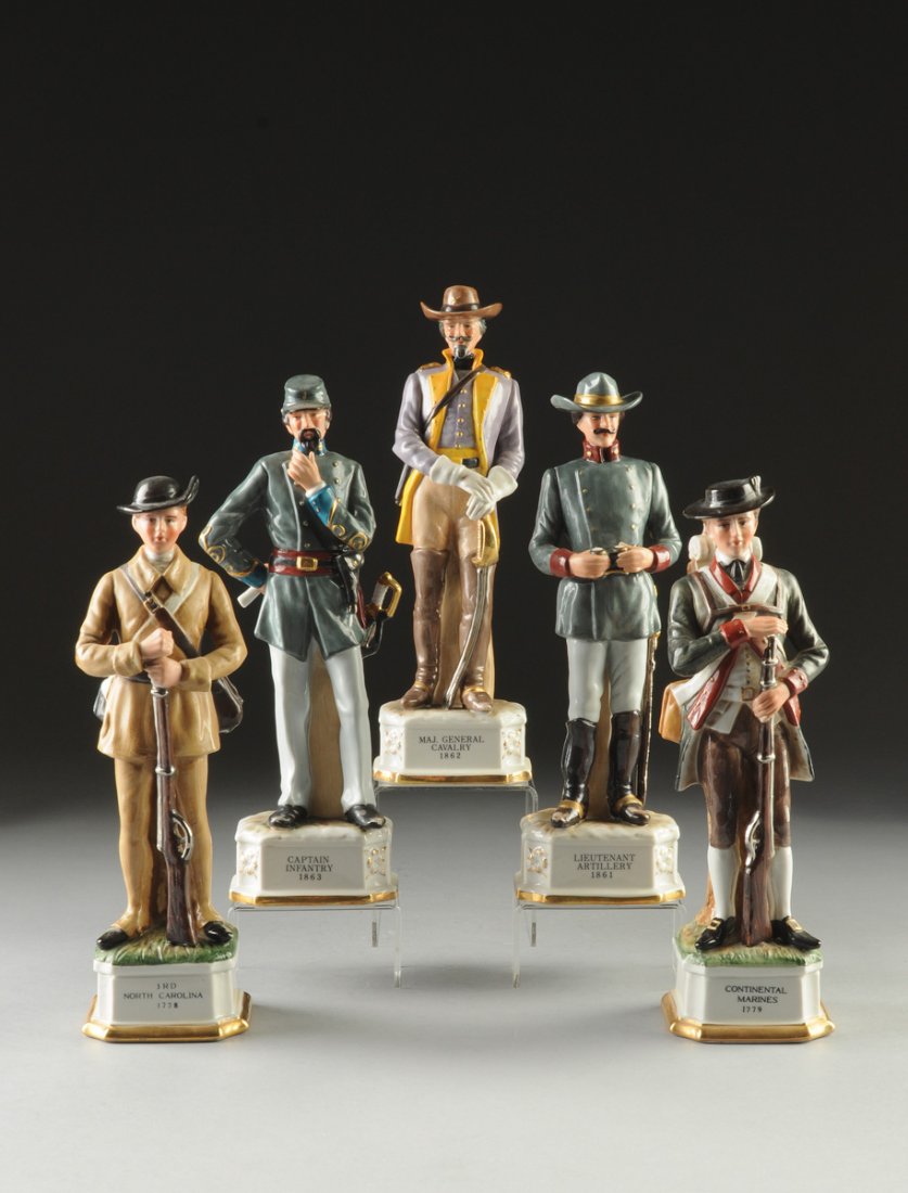 A GROUP OF FIVE ROYAL CROWN ARNART PORCELAIN FIGURES OF: A GROUP OF FIVE ROYAL CROWN ARNART PORCELAIN FIGURES OF REVOLUTIONARY AND CIVIL WAR ERA SOLDIERS, BLUE AND BLACK MAKER'S MARKS, MODERN, 20TH CENTURY, each standing on a rectangular pedestal with cante