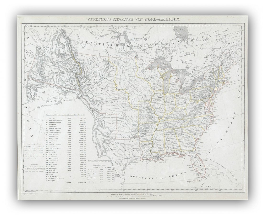 A MAP OF NORTH AMERICA "VEREINIGTE STAATEN VON: A MAP OF NORTH AMERICA "VEREINIGTE STAATEN VON NORDAMERIKA." GERMANY, C. FLEMMING, 1840'S, lith by Druck U. Verlag. Carl Flemming ran an important German publishing house in Glogau and Berlin in the m