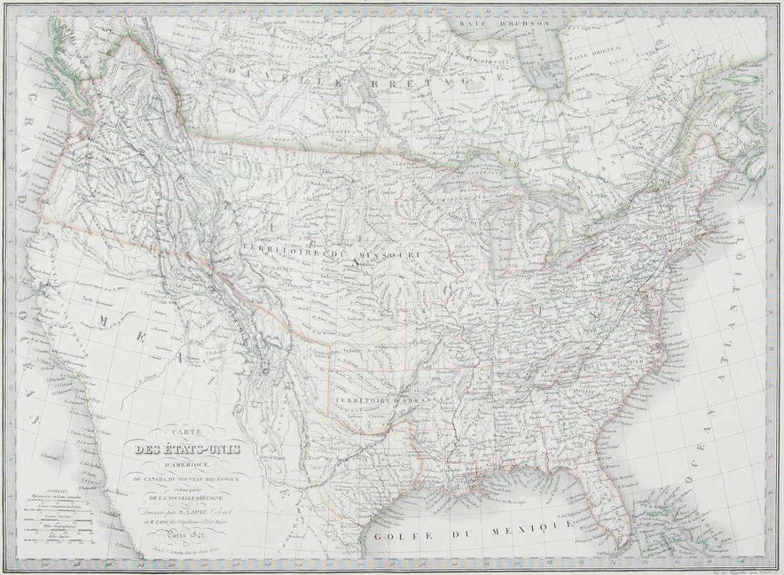 A MAP, CARTE DES ETATES-UNIS D'AMERIQUE...1842: A MAP, CARTE DES ETATES-UNIS D'AMERIQUE...1842 (REPUBLIC OF TEXAS), ALEXANDER EMILE LAPIE, PARIS, 1842, 20" x 27". Framed. NOTE: During the 1820's to 1840's, the major French cartographic publishing h