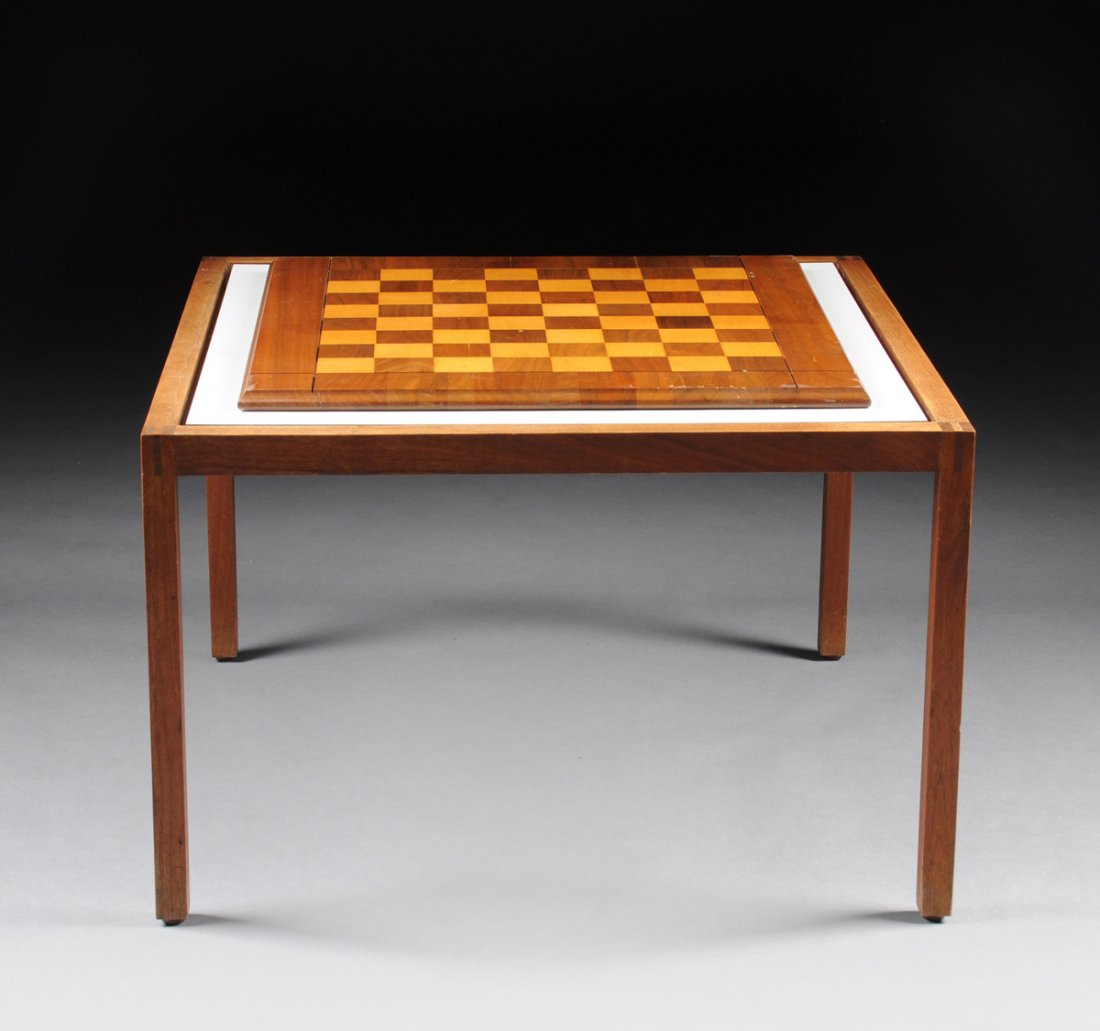 A CONTEMPORARY TEAK AND WHITE LAMINATE OCCASIONAL: A CONTEMPORARY TEAK AND WHITE LAMINATE OCCASIONAL TABLE, BY KNOLL ASSOCIATES, INC., 20TH CENTURY, the square inset white laminate top within a conforming frame raised on square legs enclosing an under