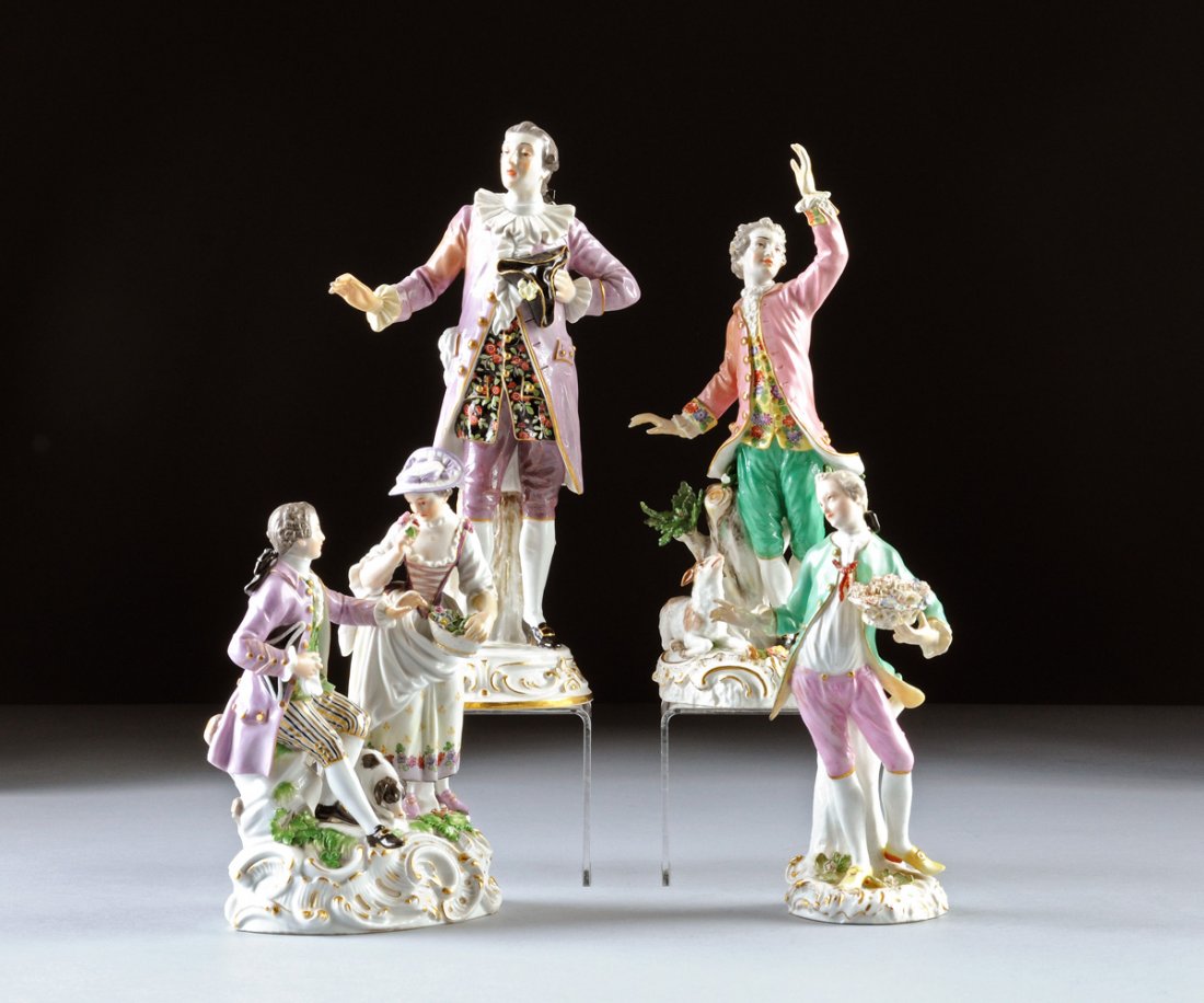 AN ASSEMBLED GROUP OF FOUR MEISSEN POLYCHROME ENAMELED: AN ASSEMBLED GROUP OF FOUR MEISSEN POLYCHROME ENAMELED FIGURES, BLUE CROSSED SWORDS MARK, PRESSENUMERS 121, 107, INCISED NUMBERS R.137., 2.9., 6987., 19TH AND 20TH CENTURIES, one modeled as an elegant