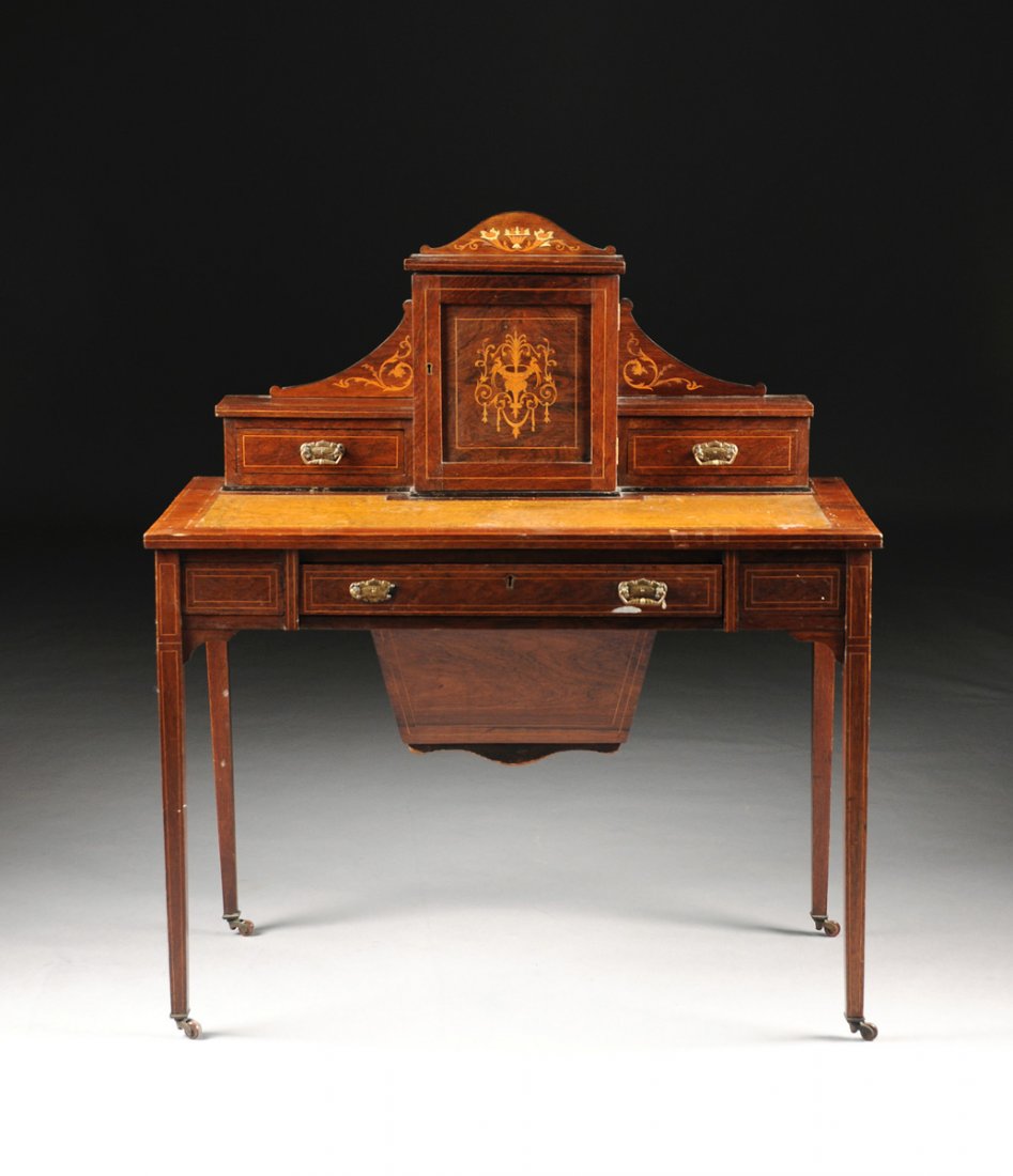 A GEORGE III STYLE MAHOGANY LADY'S COMBINED WRITING AND: A GEORGE III STYLE MAHOGANY LADY'S COMBINED WRITING AND WORK TABLE, ENGLISH, 19TH CENTURY, with a cabinet door to top with marquetry inlaid inset panel opening to reveal pigeon holes and interior draw