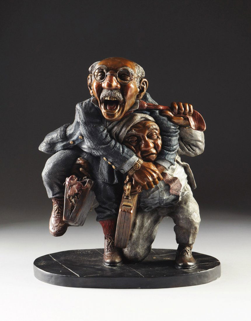 CHARLES BRAGG (American b. 1931), A SCULPTURE, "Out of: CHARLES BRAGG (American b. 1931), A SCULPTURE, "Out of Court Settlement" cast polychrome patinated bronze, signed, numbered 134/275, and dated 1988. Stamped Dyansen Corp. On marble base. Height: 8 1/4