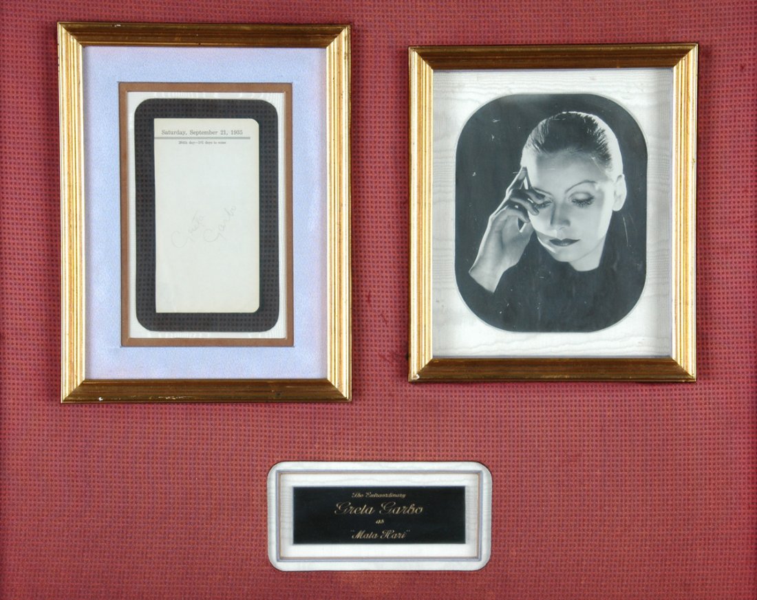 GRETA GARBO (1905 - 1990) LEGENDARY ACTRESS, AUTOGRAPH: GRETA GARBO (1905 - 1990) LEGENDARY ACTRESS, AUTOGRAPH IN PENCIL ON CALENDAR PAPER, DATED SATURDAY, SEPTEMBER 21, 1935, along with a portrait photo for the movie Mata Hari, 1931, taken by renowned stu