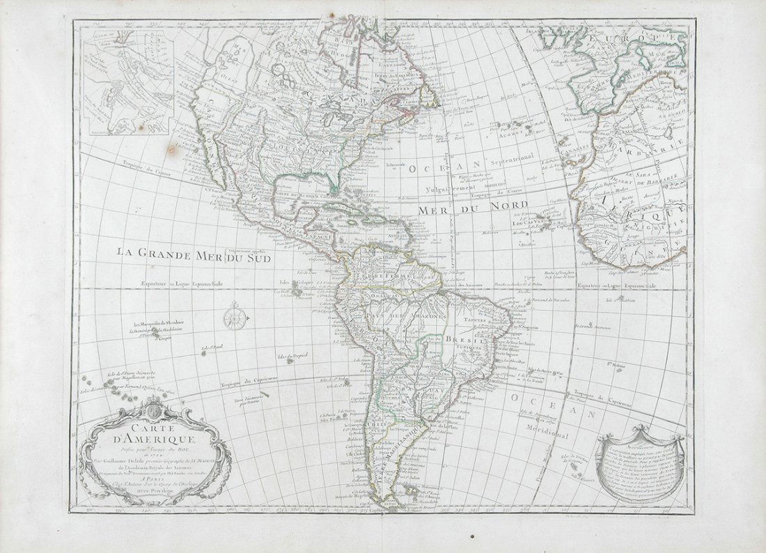 A MAP "CARTE D'AMERIQUE," WESTERN HEMISPHERE, GUILLAUME: A MAP "CARTE D'AMERIQUE," WESTERN HEMISPHERE, GUILLAUME DELISLE, PARIS, 1722, double page engraved map, wide margins; handcolored. Second state. Tooley, French Mapping #2. 22" x 30". Framed.NOTE: Deli