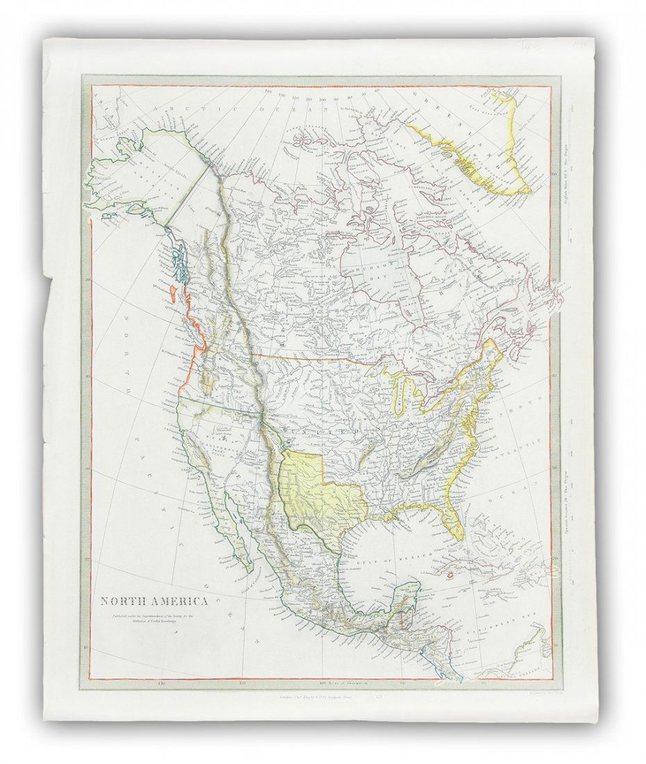 A MAP, NORTH AMERICA, PUBLISHED UNDER THE: A MAP, NORTH AMERICA, PUBLISHED UNDER THE SUPERINTENDENCE OF THE SOCIETY FOR THE DIFFUSION OF USEFUL KNOWLEDGE, London, Charles Knight engraved by J. C. Walker, 1844. 13 1/2" x 17". Framed.