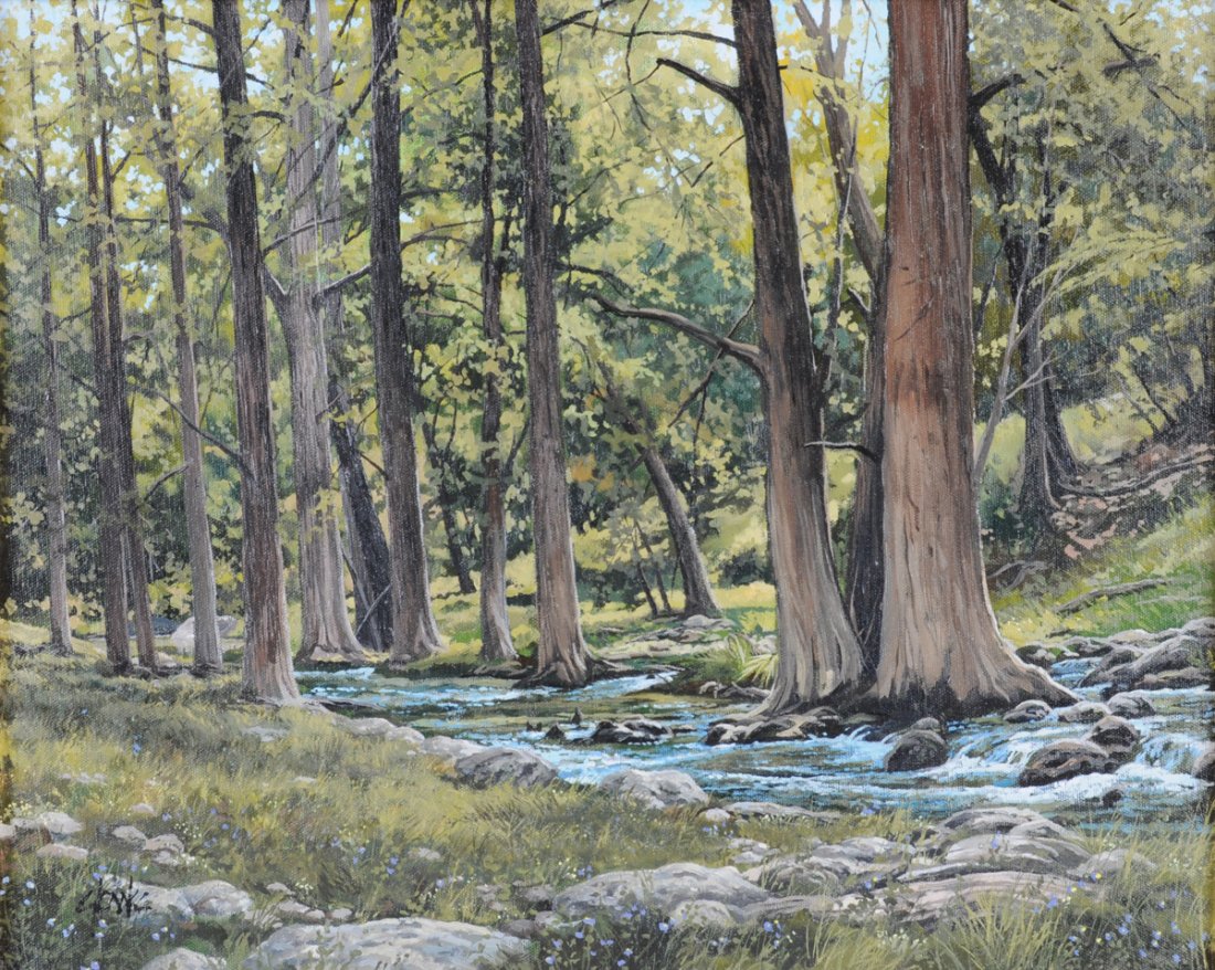 GREG GLOWKA (American/Texas b. 1957) A PAINTING,: GREG GLOWKA (American/Texas b. 1957) A PAINTING, "Morning at Honey Creek," oil on canvas, signed L/L. 16" x 20" Framed.Purchased from NanEtte Richardson Fine Art, San Antonio, TX, 1998.