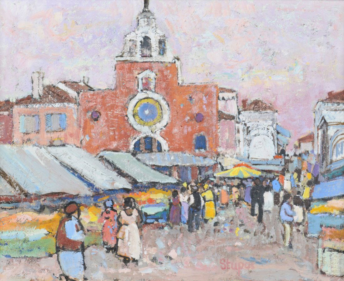 MARKO STUPAR (Yugoslavian b. 1936) A PAINTING, "Marché: MARKO STUPAR (Yugoslavian b. 1936) A PAINTING, "Marché Rialto," oil on canvas, signed L/R. 13" x 16" Framed. Purchased from Phillips-Flynt Galleries, Houston, TX, 1984.