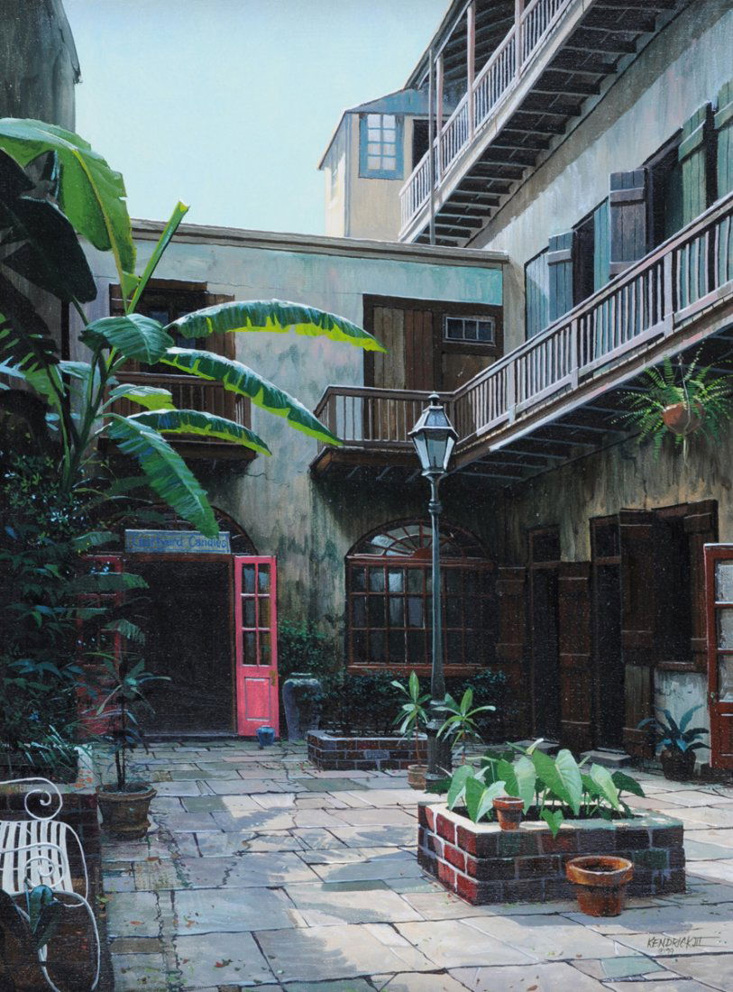 JAMES L. KENDRICK III (American 20th/21st Century) A: JAMES L. KENDRICK III (American 20th/21st Century) A PAINTING, "Courtyard Candles," oil on canvas, signed and dated (19)79 L/R. 23 1/2" x 17 1/2". Framed. Purchased from the artist, 1979.