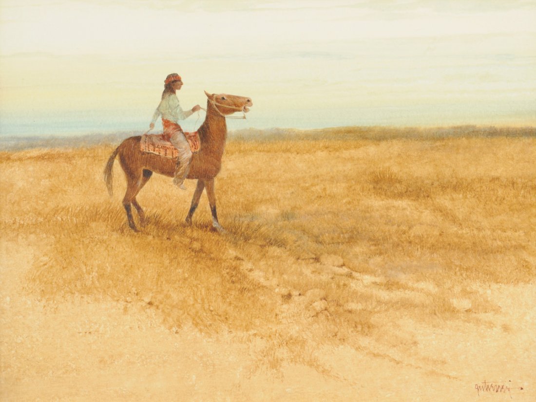 RAUL GUTIERREZ (American/Texas b. 1935) A PAINTING,: RAUL GUTIERREZ (American/Texas b. 1935) A PAINTING, "Indian Brave," watercolor on paper, signed L/R. 9" x 12" Framed. Purchased from Raul Gutierrez Gallery of Fine Art, San Antonio, TX, 1980.