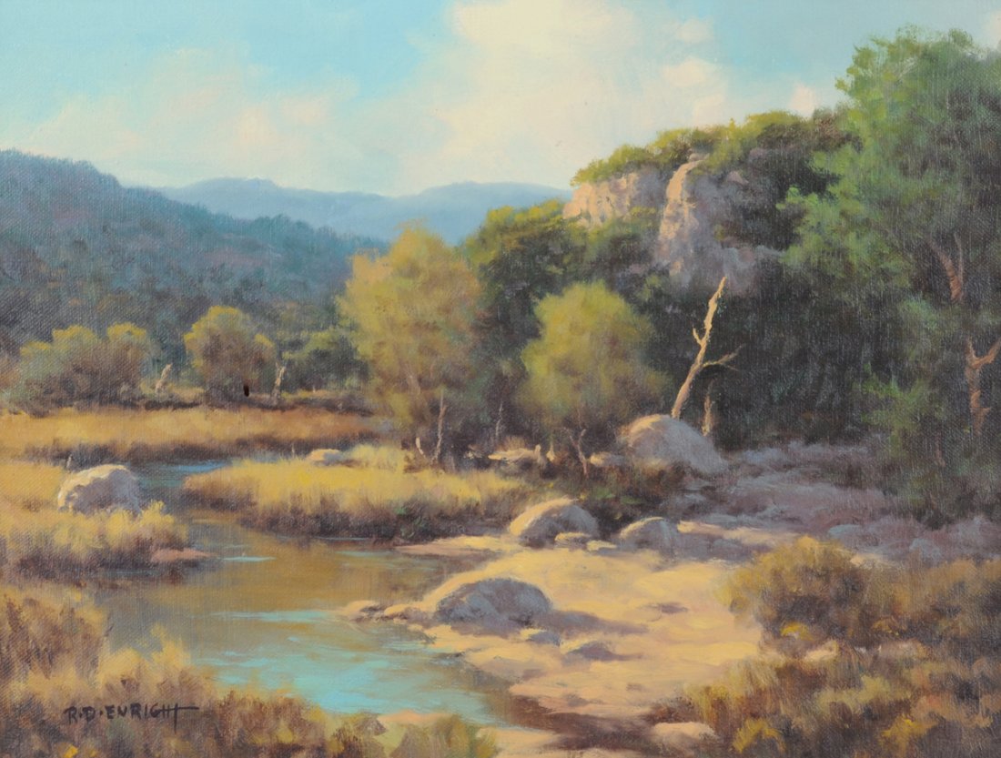 ROLAND D. ENRIGHT (American/Texas 1921-1983) A: ROLAND D. ENRIGHT (American/Texas 1921-1983) A PAINTING, "Texas River Scene." oil on canvas, signed L/L. 12" x 16" Framed. Purchased from Art World Security, Inc., Ingram, TX, 1976.