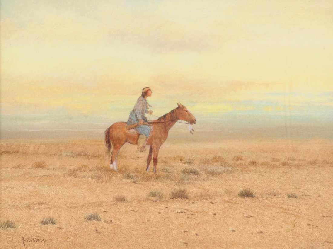 RAUL GUTIERREZ (American/Texas b. 1935) A PAINTING,: RAUL GUTIERREZ (American/Texas b. 1935) A PAINTING, "Western," watercolor on paper, signed L/L. 9" x 12" Framed. Purchased from Raul Gutierrez Gallery of Fine Art, San Antonio, TX, 1981.