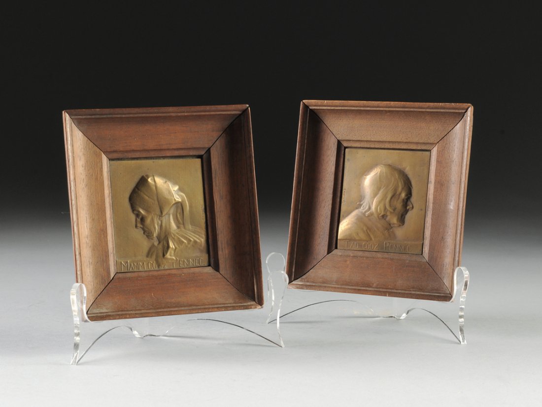 ANDRE PIERRE SCHWAB (FRENCH 1883-?) A PAIR OF BRONZE: ANDRE PIERRE SCHWAB (FRENCH 1883-?) A PAIR OF BRONZE PROFILE PORTRAIT RELIEFS, "MAMM COOZ PENNEC" AND "TAD COOZ PENNEC," of rectangular form, engraved signature "Schwab" in the bronze, each within a c