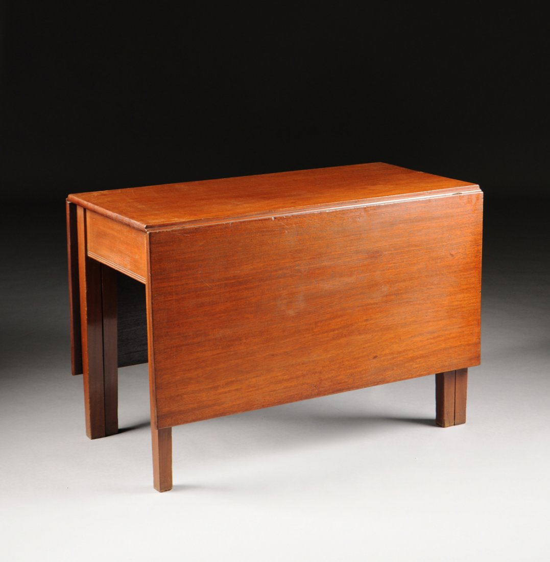 A FEDERAL MAHOGANY DROP-LEAF GATE LEG TABLE, CIRCA: A FEDERAL MAHOGANY DROP-LEAF GATE LEG TABLE, CIRCA 1800, the rectangular top with hinged flaps above a flat panel frieze trimmed in reeded banding, raised on tapering rectangular legs. Height: 28 7/8"