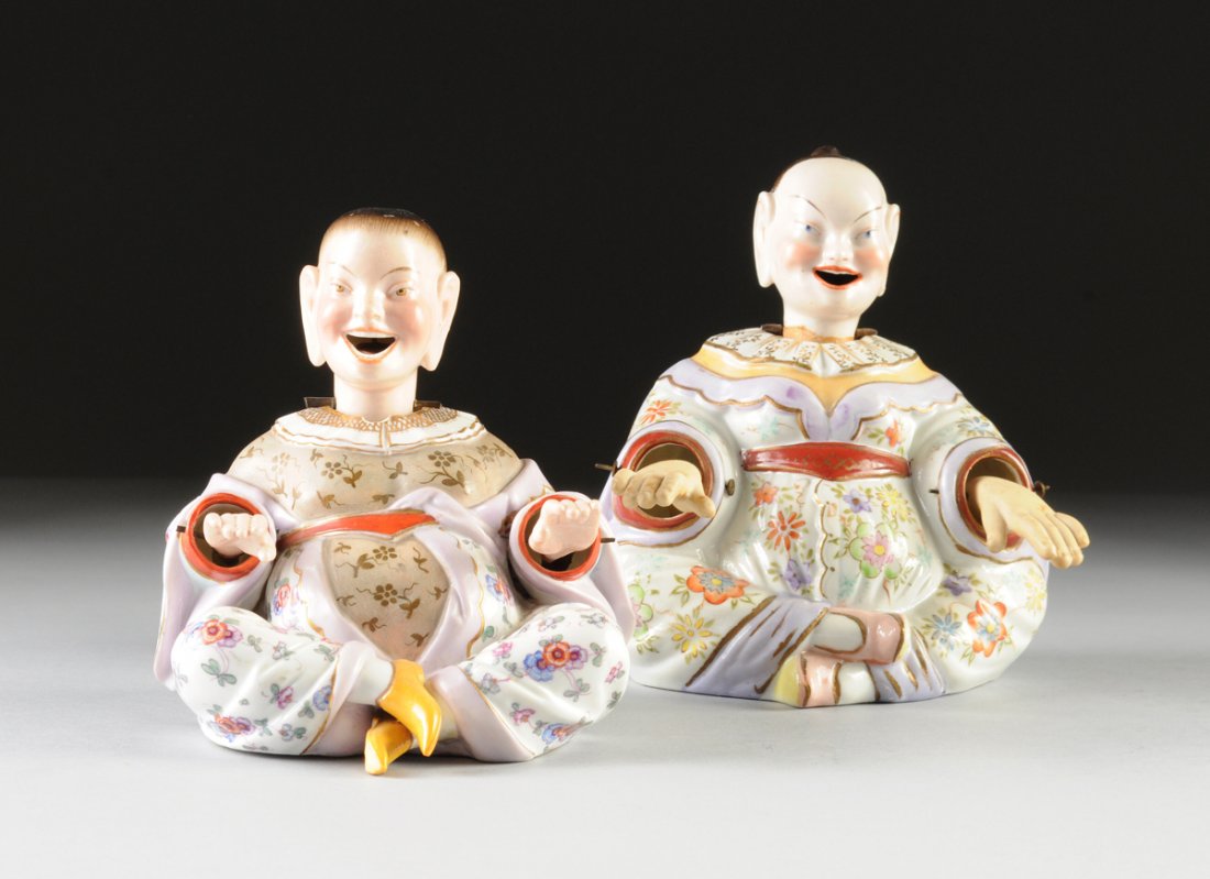 A JAPANESE NIPPON POLYCHROME PAINTED WACKELPAGODE: A JAPANESE NIPPON POLYCHROME PAINTED WACKELPAGODE NODDING HEAD FIGURE, TOGETHER WITH A CONTINENTAL WACKELPAGODE FIGURE, ONE PAPER LABELED LENWILE, CIRCULAR "N" NIPPON MARK, EARLY 20TH CENTURY, each mo