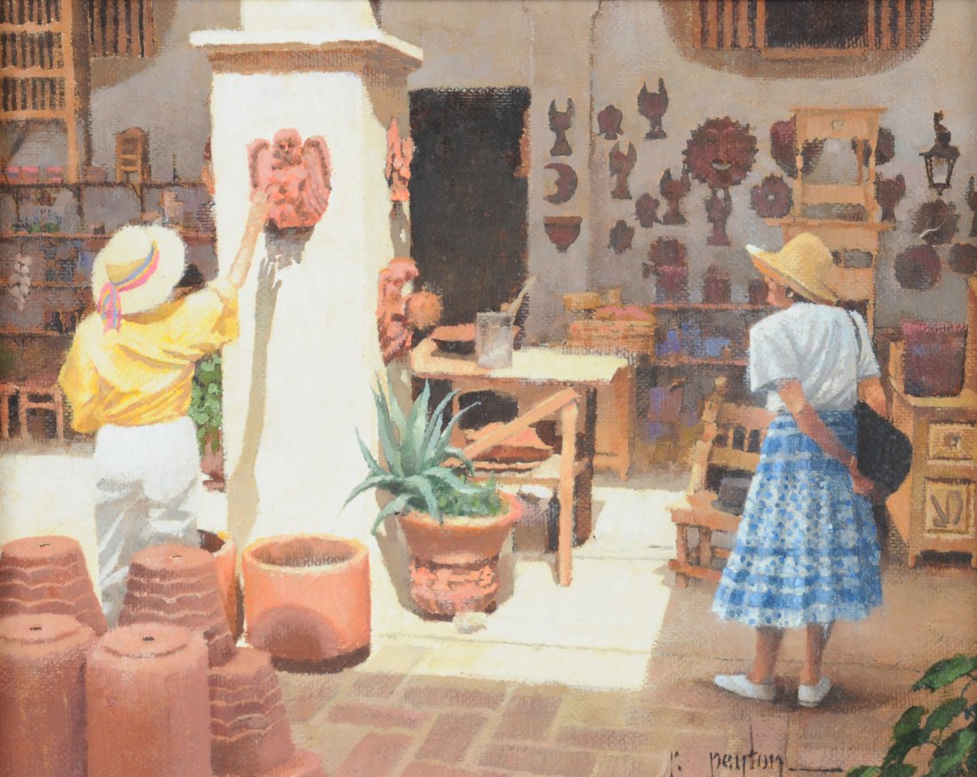 RANDY PEYTON (American/Texas b. 1958) A PAINTING, "The: RANDY PEYTON (American/Texas b. 1958) A PAINTING, "The Pottery Shop, San Miguel, Mexico" oil on board, signed L/R and signed, dated 1993 and titled on reverse. 8" x 10" Framed.Purchased from J.R. Moon