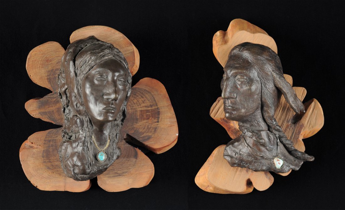 RAUL GUTIERREZ (American/Texas b. 1935) A PAIR OF: RAUL GUTIERREZ (American/Texas b. 1935) A PAIR OF PATINATED BRONZE BUSTS OF A NATIVE AMERICAN WARRIOR AND MAIDEN, each modeled wearing a necklace suspending a turquoise pendant, signed in the bronze a