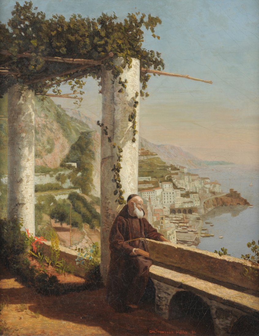GEORGE THOMPSON HOBBS (American 1846-1929) A PAINTING,: GEORGE THOMPSON HOBBS (American 1846-1929) A PAINTING, "Italian Coast with a Monk," oil on canvas, signed L/R. 20 1/4" x 16 1/4" Framed.