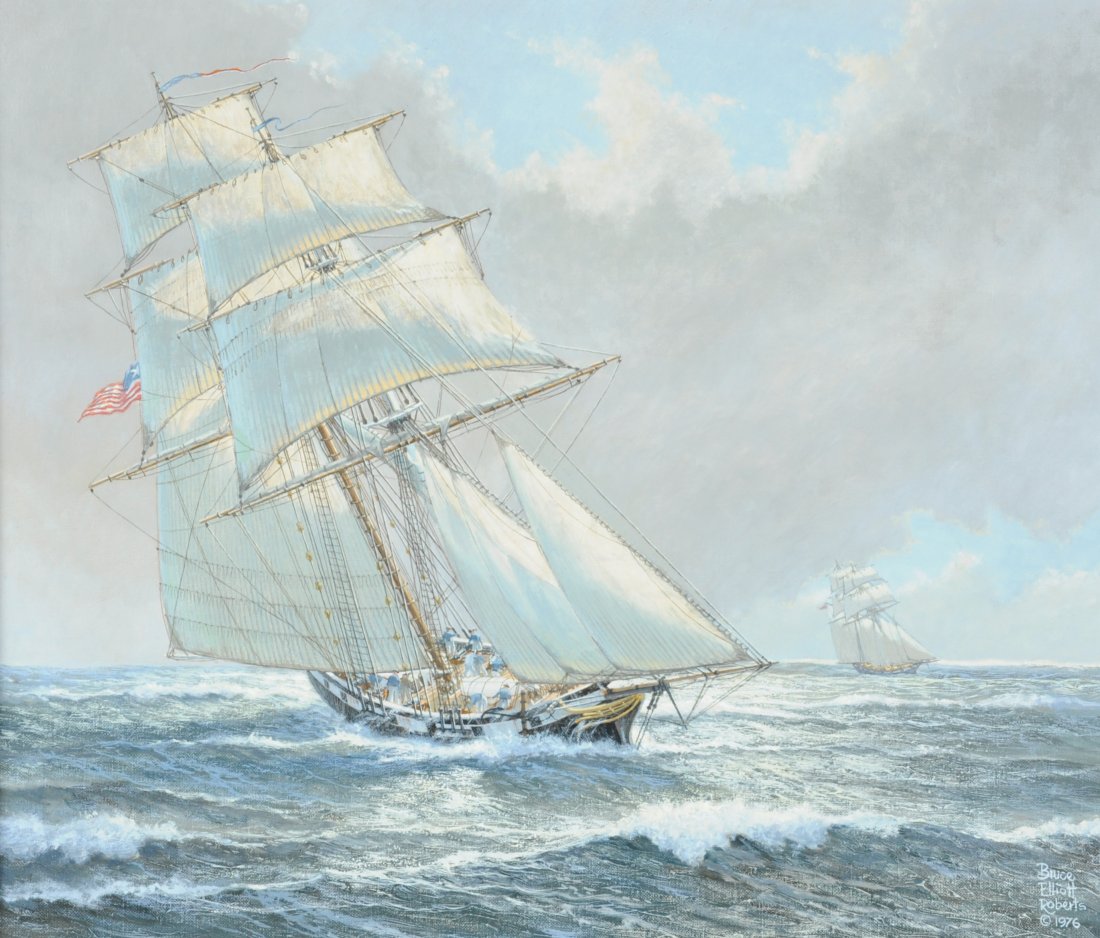 BRUCE ELLIOT ROBERTS (American 1917-1993) A PAINTING,: BRUCE ELLIOT ROBERTS (American 1917-1993) A PAINTING, "Patrolling the Gulf (Texas War Schooner 'San Antonio,' 1836)," oil on canvas, signed and dated 1976 L/R and signed and titled on reverse. 20" x 2
