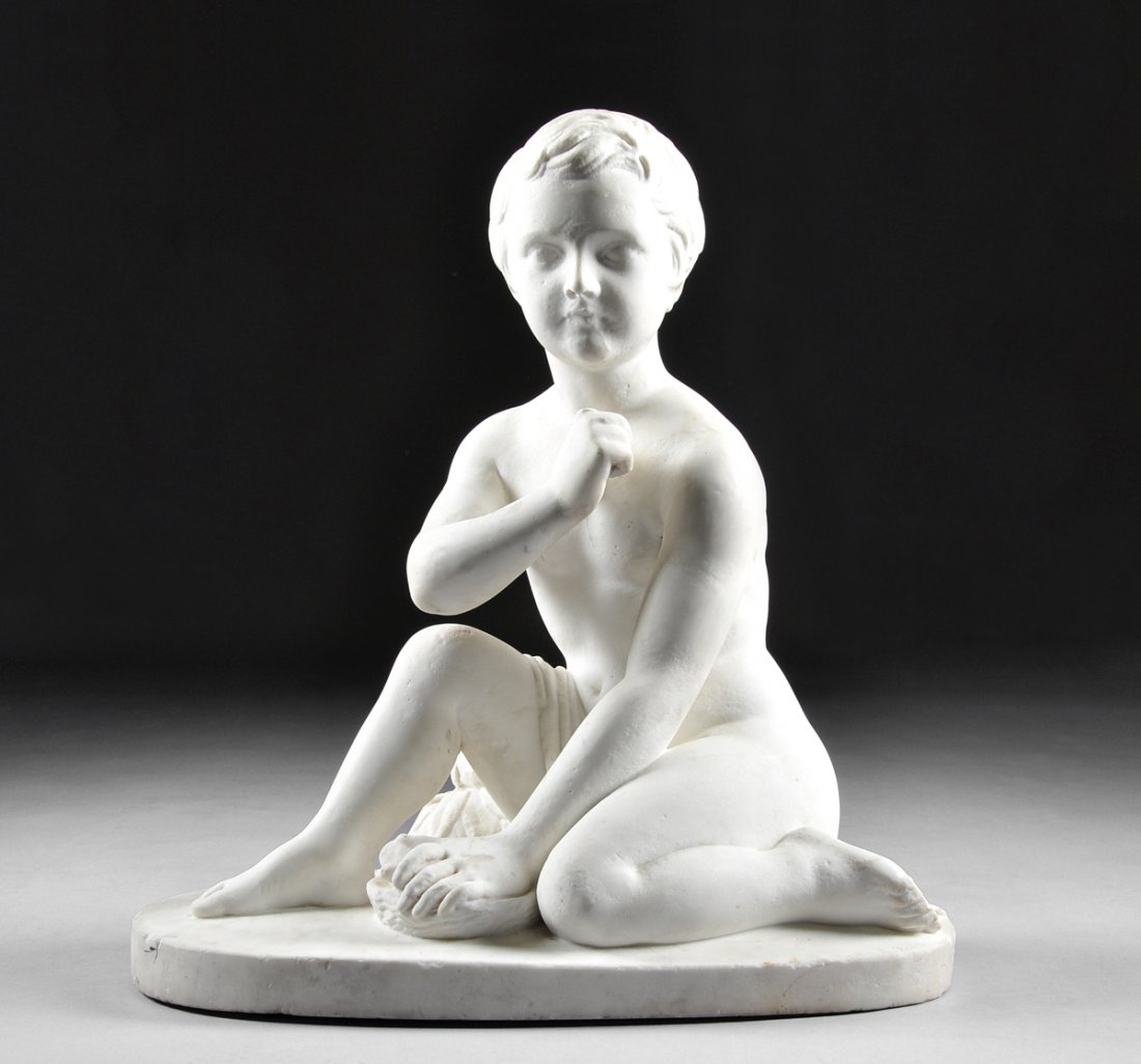 after FRANCESCO POZZI (Florentine, Second Half 19th: after FRANCESCO POZZI (Florentine, Second Half 19th Century) A MARBLE SCULPTURE, "Boy with Turtle," signed on the oval base. NOTE: The surface is lightly weathered and the forefinger of the right hand