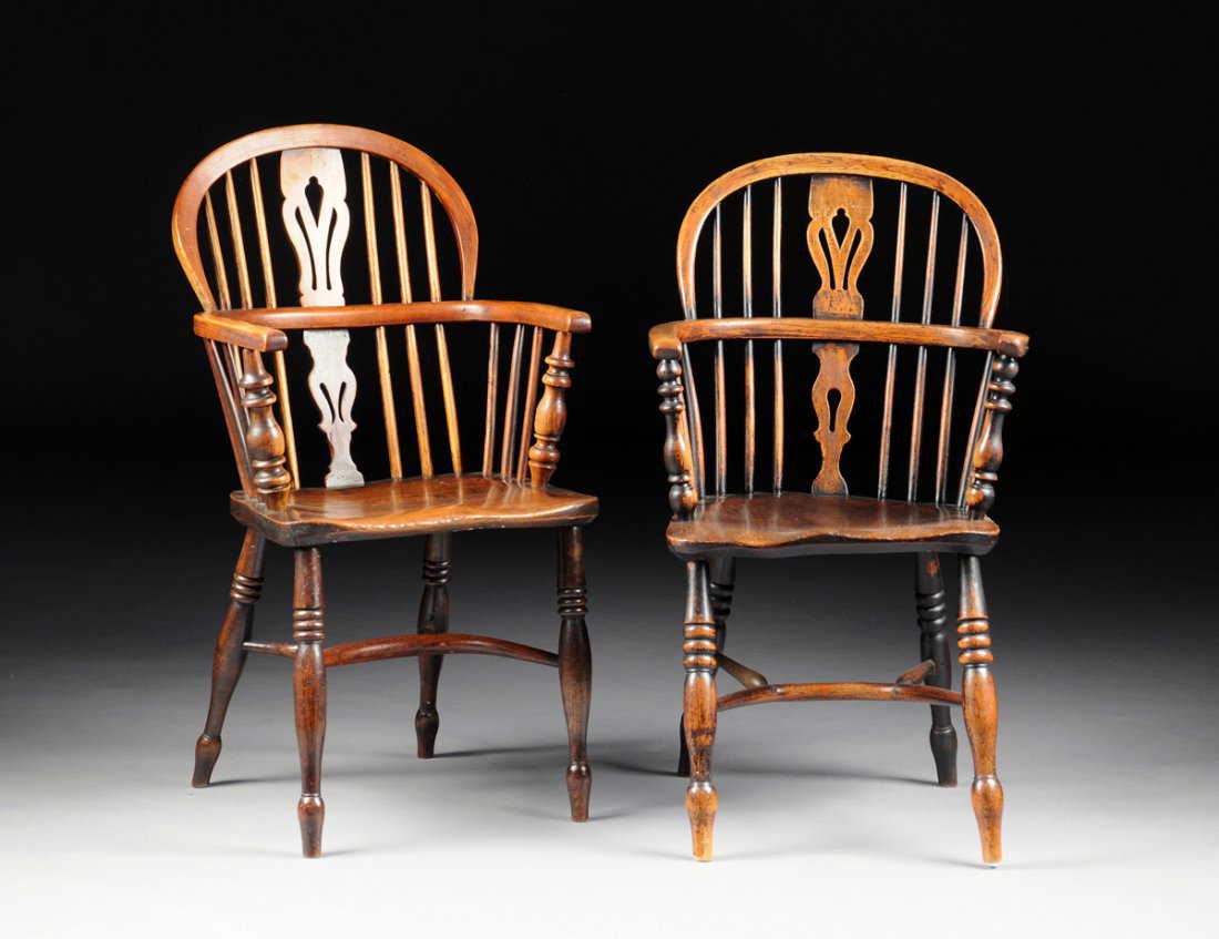 A SET OF SIX BENTWOOD ELM WINDSOR ARMCHAIRS, ENGLAND,