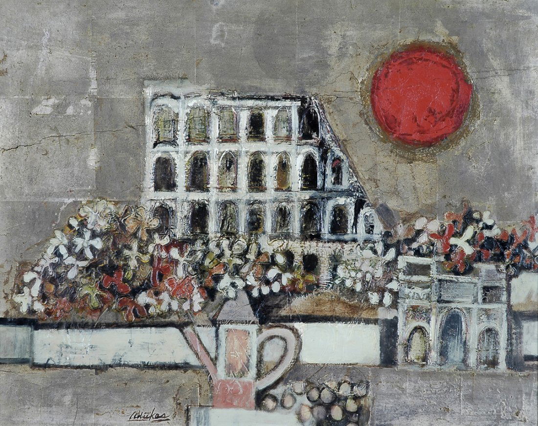 DAVID ADICKES (American b. 1927) A PAINTING, "View: DAVID ADICKES (American b. 1927) A PAINTING, "View From the Café," signed L/L. 16" x 20" Framed. Provenance: James Bute Gallery, Houston, Texas, under the direction of Ben DuBose.