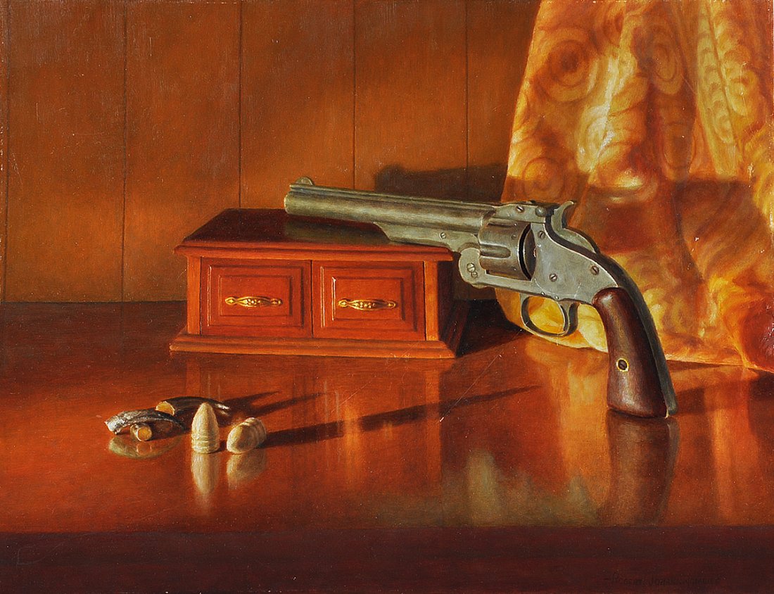 ROBERT JOHANNINGMEIER (American b. 1946) A PAINTING,: ROBERT JOHANNINGMEIER (American b. 1946) A PAINTING, "Smith & Wesson with Mini Balls," oil on masonite, signed L/R and titled on reverse. 16 1/4" x 21 1/8"