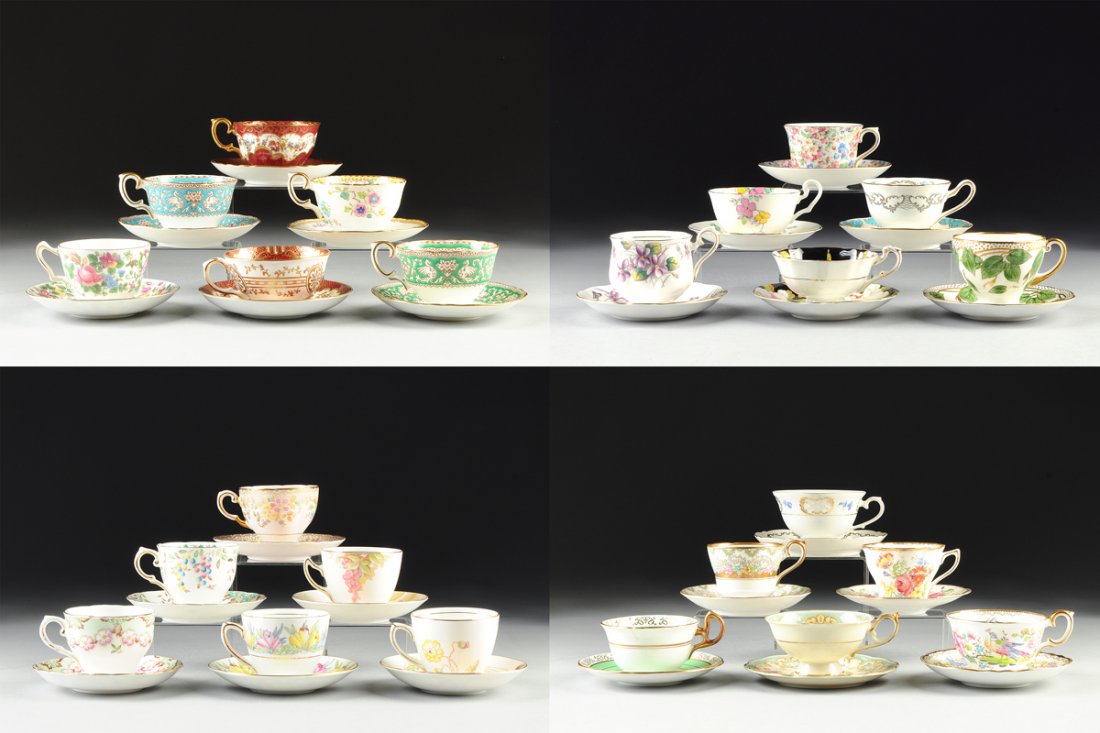 A COLLECTION OF TWENTY-FIVE ENGLISH AND BAVARIAN PARCEL: A COLLECTION OF TWENTY-FIVE ENGLISH AND BAVARIAN PARCEL GILT PORCELAIN TEA CUPS AND SAUCERS, 20TH CENTURY, comprised of seven Crown Staffordshire cups and saucers, two of which are in the Ellesmere pa