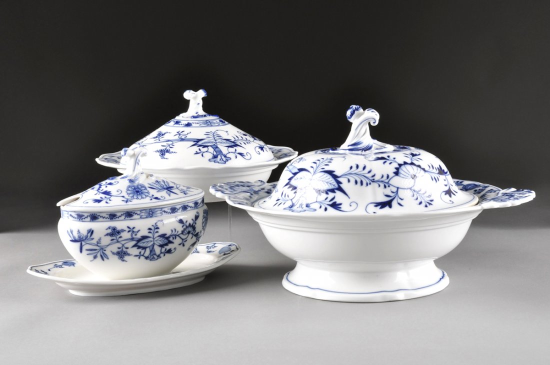 TWO MEISSEN BLUE ONION PATTERN TUREENS WITH COVERS,: TWO MEISSEN BLUE ONION PATTERN TUREENS WITH COVERS, BLUE CROSSED SWORDS MARKS, VARIOUS PRESSENUMMERS, comprising a circular footed tureen with waved rim flanked by palmetto and branch modeled handles