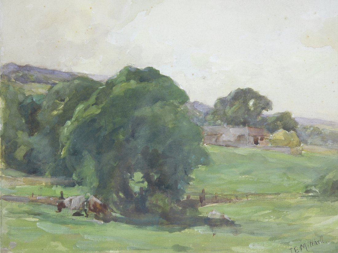 J. EDGAR MITCHELL (British 1871-1922) A PAIR OF: J. EDGAR MITCHELL (British 1871-1922) A PAIR OF PAINTINGS, "Pastoral Scenes," watercolor on paper or artist's board, signed L/R. 10 1/4" x 13 1/4" and 9 1/4" x 11 3/4". Framed.