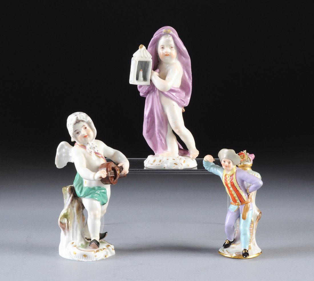 AN ASSEMBLED GROUP OF THREE MEISSEN POLYCHROME PAINTED: AN ASSEMBLED GROUP OF THREE MEISSEN POLYCHROME PAINTED MINIATURE FIGURES, BLUE CROSSED SWORDS MARKS, PRESSENUMMERS 6, 144, INCISED NUMBERS 2846, 20, 19TH/20TH CENTURY, one modeled as a scantily attire
