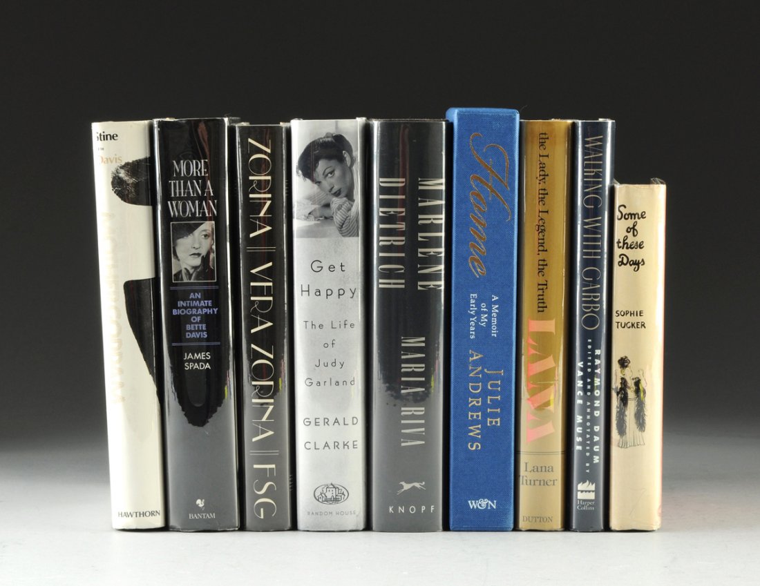 A COLLECTION OF NINE BIOGRAPHIES, THE CLASSIC: A COLLECTION OF NINE BIOGRAPHIES, THE CLASSIC ACTRESSES, comprised of "Home: A Memoir of My Early Years," by Julie Andrews, London: Weidenfeld & Nicolson, 2008. Signed, First edition; "Lana: The Lady,