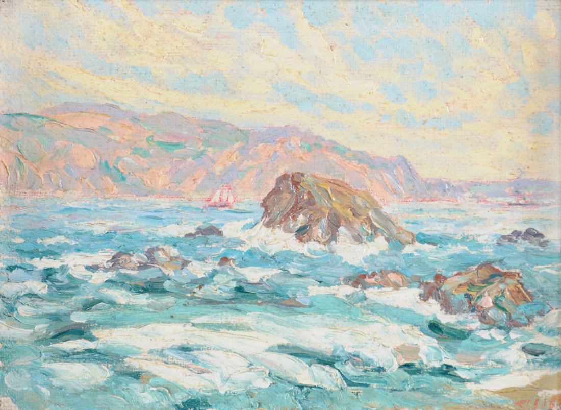 JOHN HENRY RAMM (American 1879-1948) A PAINTING,: JOHN HENRY RAMM (American 1879-1948) A PAINTING, "Seascape," oil on board, signed L/R. 6 3/4" x 9 1/4". Framed. Height: Width: