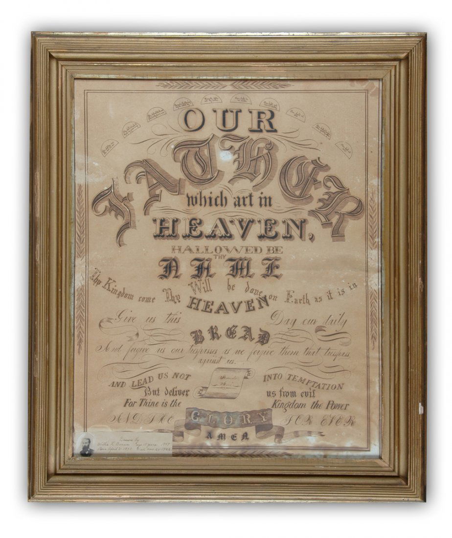 A FRAMED YOUNG MAN'S PENMANSHIP DRAWING OF THE "OUR: A FRAMED YOUNG MAN'S PENMANSHIP DRAWING OF THE "OUR FATHER" PRAYER BY WILLIS L. BARNES (1840-1922), AGED 17, 1857, delicately drawn with pen and ink to paper, showing several different font types with