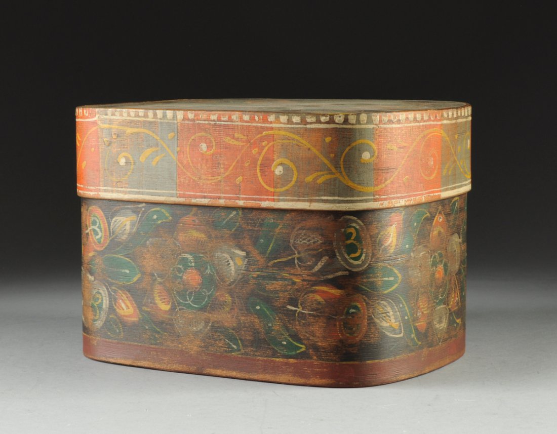 AN AMERICAN POLYCHROME PAINTED BENTWOOD PINE KEEPSAKE: AN AMERICAN POLYCHROME PAINTED BENTWOOD PINE KEEPSAKE BOX, possibly Pennsylvania, the rounded rectangular top centering a large bouquet of tulips above a broad band vertical striped sides with mustard