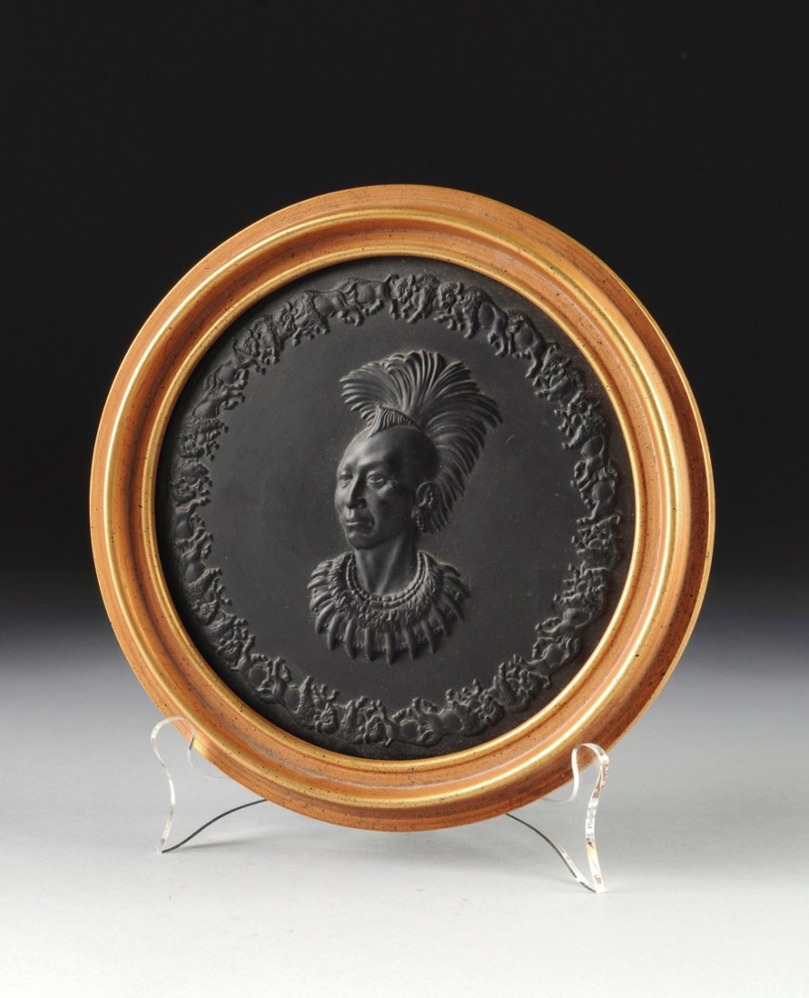 A LIMITED EDITION WEDGWOOD BLACK BASALT PORTRAIT PLAQUE: A LIMITED EDITION WEDGWOOD BLACK BASALT PORTRAIT PLAQUE OF CHIEF BLACKHAWK (NATIVE AMERICAN 1767-1838), ARTIST CHARLES BANKS WILSON (AMERICAN 1918-2013), 1971, modeled by Eric Owen and numbered 131/50
