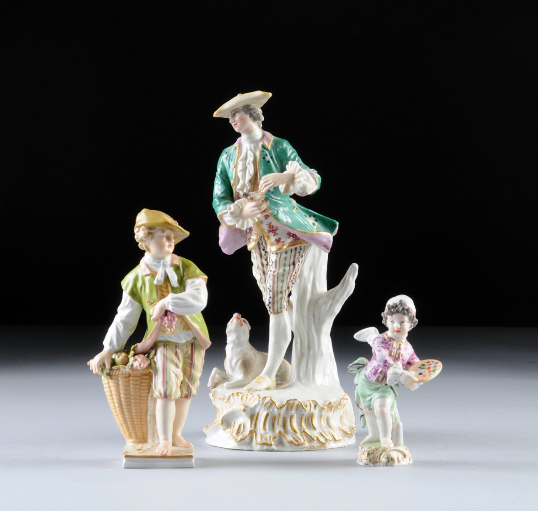 A GROUP OF THREE GERMAN AND ROYAL BERLIN EMBLEMATIC: A GROUP OF THREE GERMAN AND ROYAL BERLIN EMBLEMATIC FIGURAL GROUPS, UNDERGLAZE BLUE SCEPTER MARKS, PRESSENUMMER 79 c, INCISED 355 S, POSSIBLY 18TH AND 19TH CENTURIES, each enameled in polychrome color