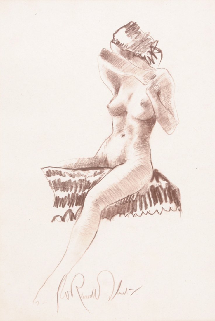 SIR WILLIAM RUSSELL FLINT (British 1880-1969) A: SIR WILLIAM RUSSELL FLINT (British 1880-1969) A drawing, "Seated Nude," crayon on paper, signed. 9 1/2" x 14". Framed.