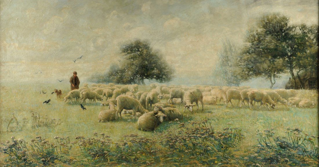 ANTON MAUVE (Dutch 1838-1888) A PAINTING, "Sheep: ANTON MAUVE (Dutch 1838-1888) A PAINTING, "Sheep Herder," oil on canvas, signed L/R. 35 1/2" x 64 1/2" Framed. Provenance: Phillips Auction, London, July 8th, 1980 Lot #145.Gallery Barbizon, Houston T