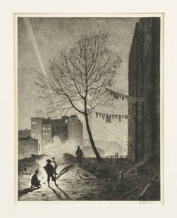 MARTIN LEWIS (Australian/American 1881-1962) A PRINT,: MARTIN LEWIS (Australian/American 1881-1962) A PRINT, "The Tree, Manhattan, 1930" drypoint on paper, signed in plate L/L, signed L/R. 12 3/4" x 9 7/8" Framed. Provenance: Kennedy Galleries, NY label o