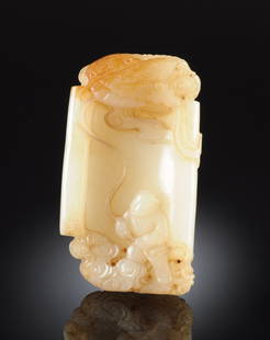 A SMALL CHINESE DELICATELY CARVED WHITE JADE PENDANT,: A SMALL CHINESE DELICATELY CARVED WHITE JADE PENDANT, of rectangular open scroll form with areas of brown skin incorporated in the butterfly form kite being flown by the youth, flanked by rounded side