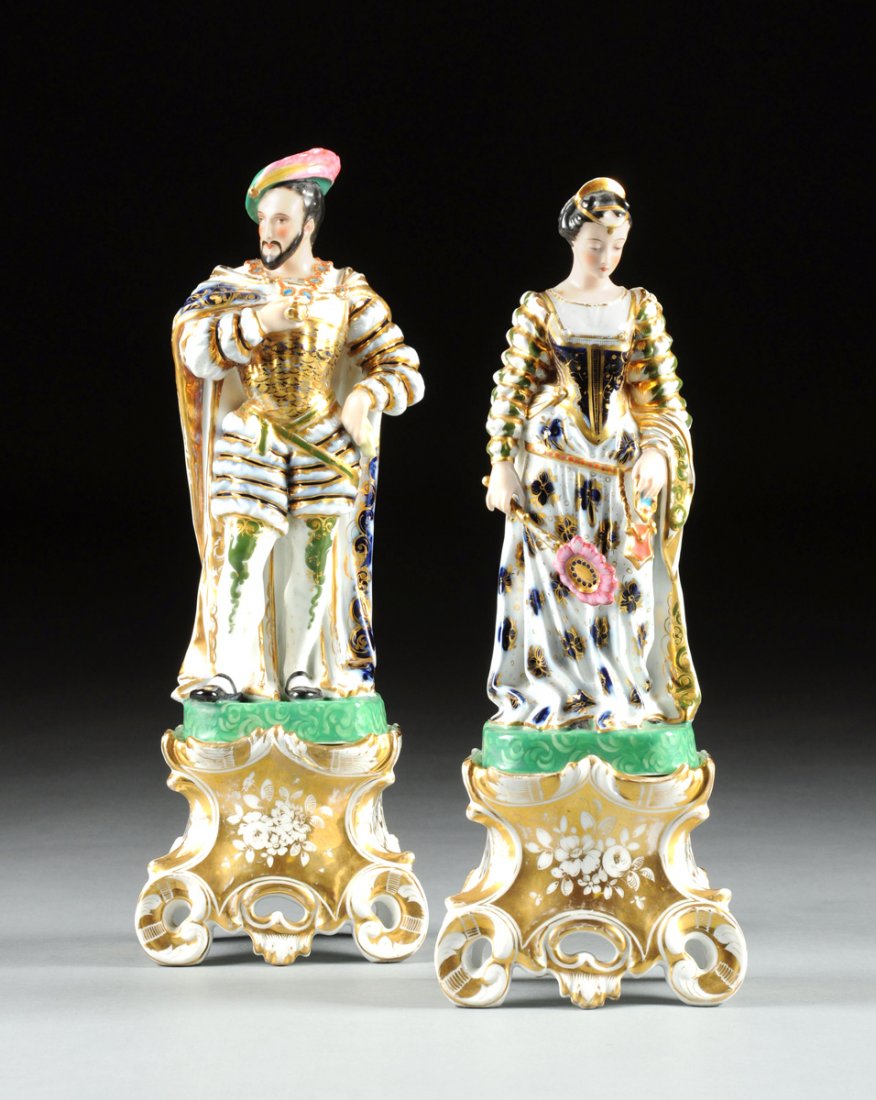 A PAIR OF FRENCH PORCELAIN TRABADOUR STYLE FIGURES ON: A PAIR OF FRENCH PORCELAIN TRABADOUR STYLE FIGURES ON STANDS IN THE MANNER OF JACOB PETIT, LATE 19TH/EARLY 20TH CENTURY, comprising a male figure in 16th century style white doublet and breeches with