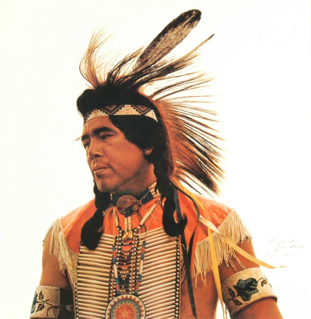 JAMES BAMA (American b. 1926) A PRINT, "Crow Indian: JAMES BAMA (American b. 1926) A PRINT, "Crow Indian Dancer," numbered 880/1250 and signed L/R. 20" x 19 1/2" Framed.