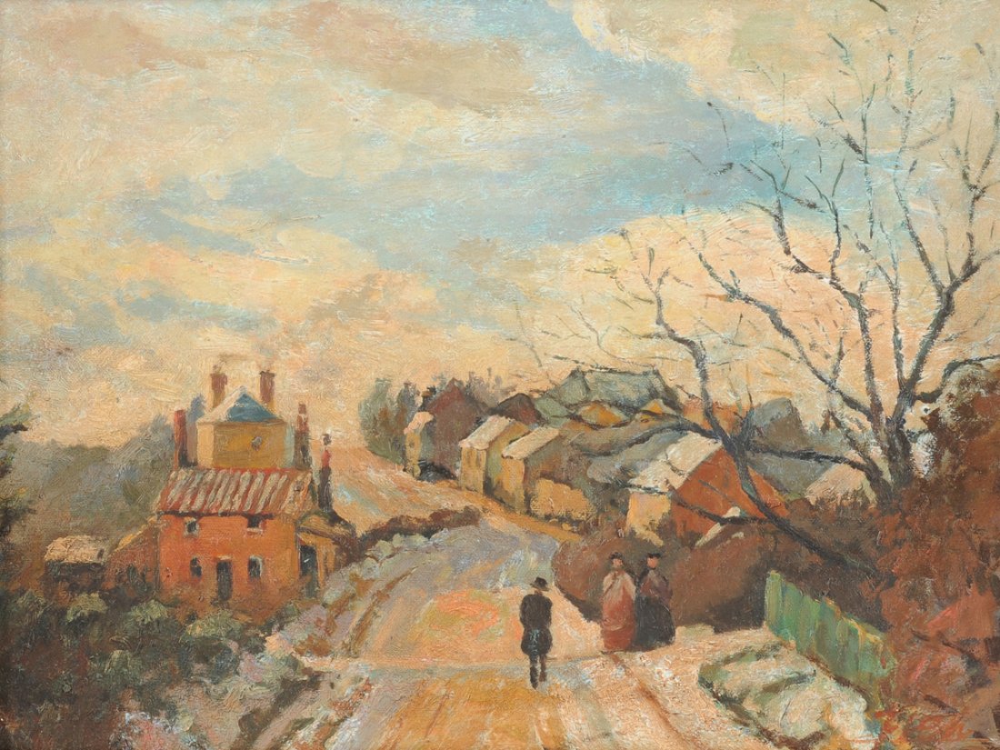 EUROPEAN SCHOOL (20th Century) A PAINTING, "A Road: EUROPEAN SCHOOL (20th Century) A PAINTING, "A Road Through A Winter Village," oil on canvas, signed "Dean" L/R. 12" x 16" Framed.