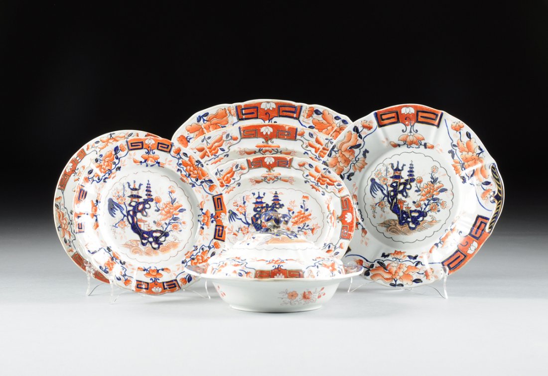 AN ASSEMBLED ENGLISH IMARI STYLE PATTERN IRONSTONE: AN ASSEMBLED ENGLISH IMARI STYLE PATTERN IRONSTONE CHINA PARTIAL DINNERWARE SERVICE, VARIOUS PRINTED AND IMPRESSED ASHWORTH AND MASON'S MARKS, 19TH CENTURY, each decorated in traditional Imari pattern