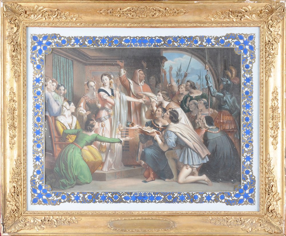 JACQUES LEMERCIER (French 1585-1654) AN AQUATINT,: JACQUES LEMERCIER (French 1585-1654) AN AQUATINT, "Isabelle refuse la connonne frère," 20" x 27". Gilded Frame (damages).