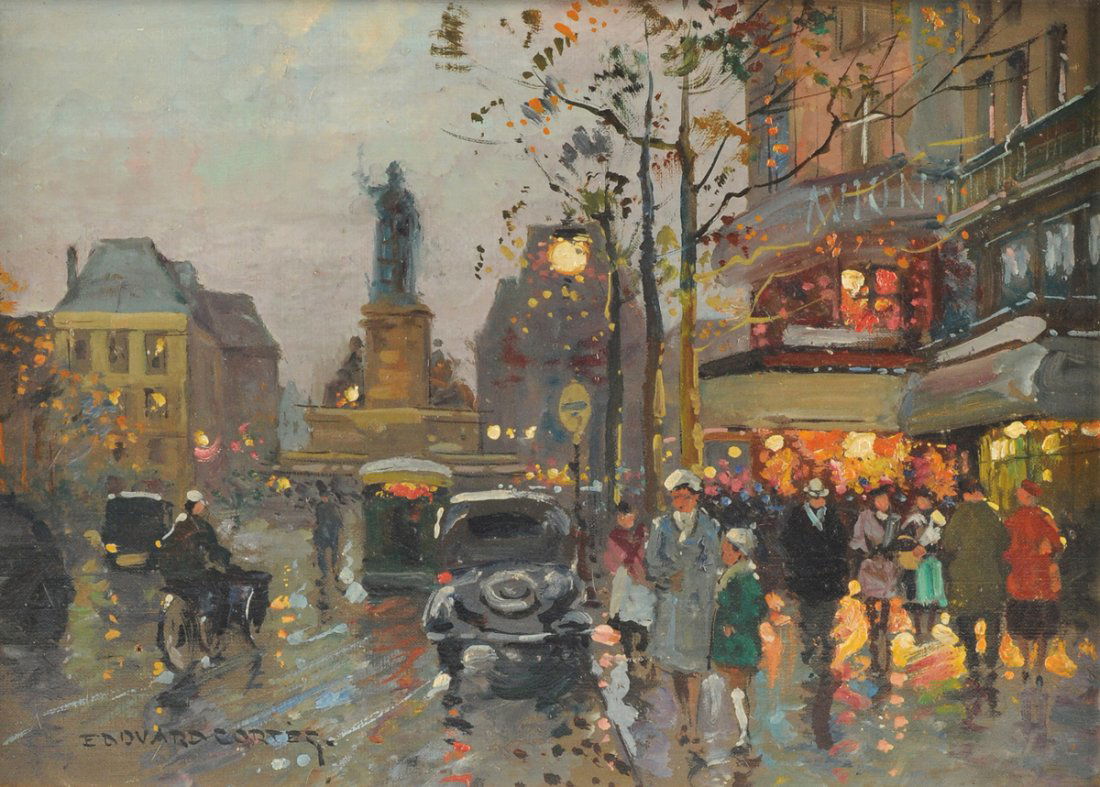 EDOUARD CORTES (French 1882-1969) A PAINTING, "Place: EDOUARD CORTES (French 1882-1969) A PAINTING, "Place de la Republique et Rue du Temple," oil on canvas, signed L/L. 13" x 18" Framed.Purchased from A.P. Kovari Gallery, New York in 1950.