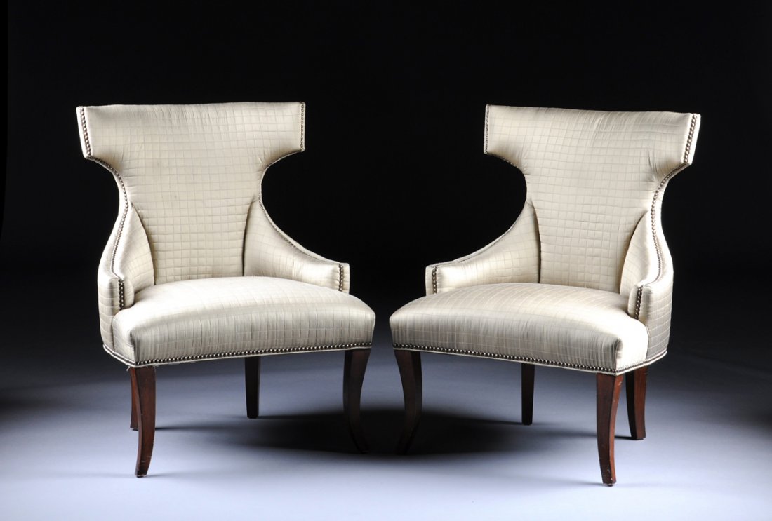 A PAIR OF MODERN KLISMOS STYLE ARMCHAIRS, BY FERGUSON: A PAIR OF MODERN KLISMOS STYLE ARMCHAIRS, BY FERGUSON COPELAND LTD., each upholstered in close nailed quilted fabric and raised on splayed legs. Height: 38" Width: 28 1/2" Depth: 20"